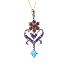 Garnet, ametist ve akuamarin 8 ayar beyaz altın kolye (40 cm altın rolo zincir)