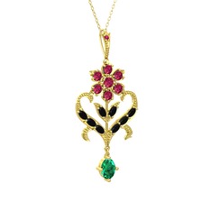 Rodolit garnet, siyah zirkon ve yeşil kuvars 14 ayar altın kolye (40 cm altın rolo zincir)