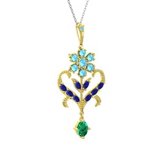 Ade Kraliyet Kolye - Akuamarin, lab safir ve yeşil kuvars 14 ayar altın kolye (40 cm beyaz altın rolo zincir) #1a4ntdt