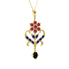 Rodolit garnet, lab safir ve siyah zirkon 8 ayar altın kolye (40 cm gümüş rolo zincir)