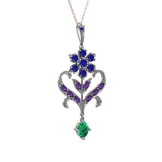 Ade Kraliyet Kolye - Lab safir, ametist ve yeşil kuvars 925 ayar gümüş kolye (40 cm rose altın rolo zincir) #1aq9918