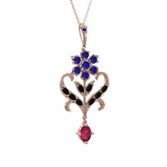 Ade Kraliyet Kolye - Lab safir, siyah zirkon ve rodolit garnet 8 ayar rose altın kolye (40 cm gümüş rolo zincir) #1aqnn1u