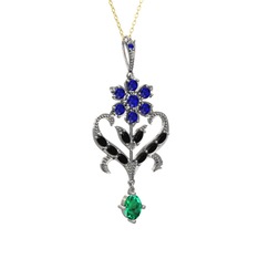 Lab safir, siyah zirkon ve yeşil kuvars 14 ayar beyaz altın kolye (40 cm gümüş rolo zincir)