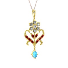 Beyaz zirkon, garnet ve akuamarin 925 ayar altın kaplama gümüş kolye (40 cm gümüş rolo zincir)