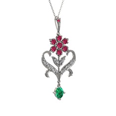 Ade Kraliyet Kolye - Rodolit garnet, beyaz zirkon ve yeşil kuvars 925 ayar gümüş kolye (40 cm gümüş rolo zincir) #1b39rbm