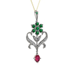 Yeşil kuvars, beyaz zirkon ve rodolit garnet 8 ayar beyaz altın kolye (40 cm gümüş rolo zincir)