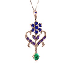 Lab safir, ametist ve yeşil kuvars 8 ayar rose altın kolye (40 cm rose altın rolo zincir)