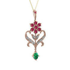 Ade Kraliyet Kolye - Rodolit garnet, beyaz zirkon ve yeşil kuvars 8 ayar rose altın kolye (40 cm altın rolo zincir) #1bj0arm