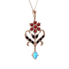 Garnet, siyah zirkon ve akuamarin 14 ayar rose altın kolye (40 cm gümüş rolo zincir)