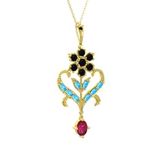 Siyah zirkon, akuamarin ve rodolit garnet 8 ayar altın kolye (40 cm altın rolo zincir)