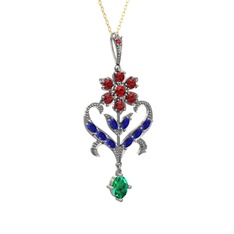 Garnet, lab safir ve yeşil kuvars 8 ayar beyaz altın kolye (40 cm altın rolo zincir)