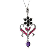 Siyah zirkon, rodolit garnet ve ametist 8 ayar beyaz altın kolye (40 cm gümüş rolo zincir)