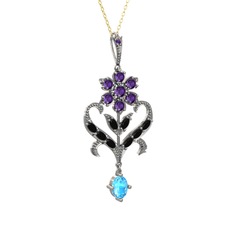 Ade Kraliyet Kolye - Ametist, siyah zirkon ve akuamarin 14 ayar beyaz altın kolye (40 cm gümüş rolo zincir) #1cw5ni