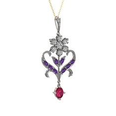 Ade Kraliyet Kolye - Beyaz zirkon, ametist ve rodolit garnet 8 ayar beyaz altın kolye (40 cm altın rolo zincir) #1d9cp36