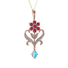 Rodolit garnet, beyaz zirkon ve akuamarin 14 ayar rose altın kolye (40 cm altın rolo zincir)