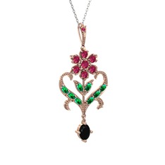 Rodolit garnet, yeşil kuvars ve siyah zirkon 925 ayar rose altın kaplama gümüş kolye (40 cm beyaz altın rolo zincir)
