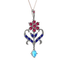 Rodolit garnet, lab safir ve akuamarin 14 ayar beyaz altın kolye (40 cm rose altın rolo zincir)