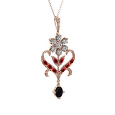 Beyaz zirkon, garnet ve siyah zirkon 925 ayar rose altın kaplama gümüş kolye (40 cm rose altın rolo zincir)