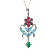 Rodolit garnet, akuamarin ve yeşil kuvars 925 ayar gümüş kolye (40 cm rose altın rolo zincir)