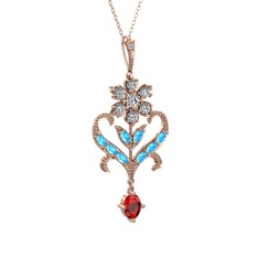 Beyaz zirkon, akuamarin ve garnet 8 ayar rose altın kolye (40 cm gümüş rolo zincir)