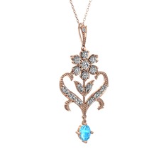Beyaz zirkon ve akuamarin 14 ayar rose altın kolye (40 cm gümüş rolo zincir)