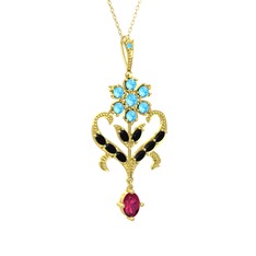 Akuamarin, siyah zirkon ve rodolit garnet 925 ayar altın kaplama gümüş kolye (40 cm altın rolo zincir)