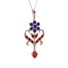 Lab safir ve garnet 8 ayar rose altın kolye (40 cm gümüş rolo zincir)