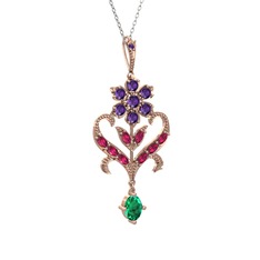 Ametist, rodolit garnet ve yeşil kuvars 14 ayar rose altın kolye (40 cm beyaz altın rolo zincir)