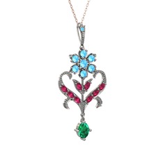 Akuamarin, rodolit garnet ve yeşil kuvars 925 ayar gümüş kolye (40 cm rose altın rolo zincir)