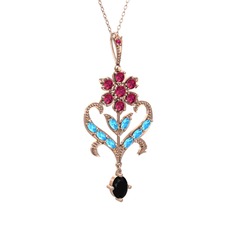 Rodolit garnet, akuamarin ve siyah zirkon 14 ayar rose altın kolye (40 cm rose altın rolo zincir)