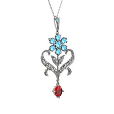 Ade Kraliyet Kolye - Akuamarin, beyaz zirkon ve garnet 925 ayar gümüş kolye (40 cm beyaz altın rolo zincir) #1g0oy7k