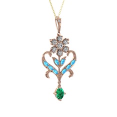 Beyaz zirkon, akuamarin ve yeşil kuvars 8 ayar rose altın kolye (40 cm altın rolo zincir)