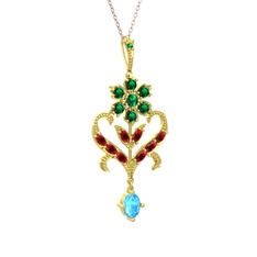 Yeşil kuvars, garnet ve akuamarin 14 ayar altın kolye (40 cm rose altın rolo zincir)