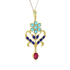 Ade Kraliyet Kolye - Akuamarin, lab safir ve rodolit garnet 8 ayar altın kolye (40 cm gümüş rolo zincir) #1gd056x