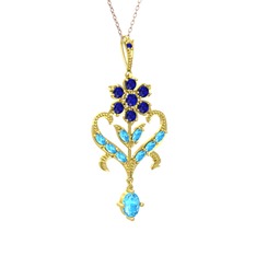 Lab safir ve akuamarin 14 ayar altın kolye (40 cm rose altın rolo zincir)