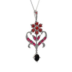 Ade Kraliyet Kolye - Garnet, rodolit garnet ve siyah zirkon 925 ayar gümüş kolye (40 cm gümüş rolo zincir) #1guusxc
