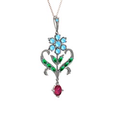 Akuamarin, yeşil kuvars ve rodolit garnet 925 ayar gümüş kolye (40 cm gümüş rolo zincir)