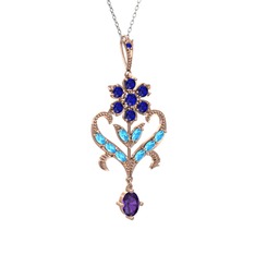 Lab safir, akuamarin ve ametist 925 ayar rose altın kaplama gümüş kolye (40 cm beyaz altın rolo zincir)