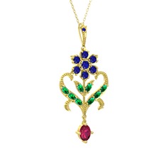 Lab safir, yeşil kuvars ve rodolit garnet 8 ayar altın kolye (40 cm altın rolo zincir)