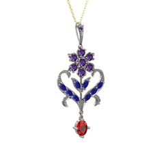 Ametist, lab safir ve garnet 925 ayar gümüş kolye (40 cm altın rolo zincir)
