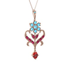 Akuamarin, rodolit garnet ve garnet 14 ayar rose altın kolye (40 cm rose altın rolo zincir)