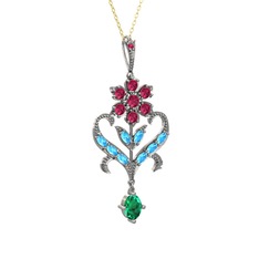 Rodolit garnet, akuamarin ve yeşil kuvars 925 ayar gümüş kolye (40 cm altın rolo zincir)