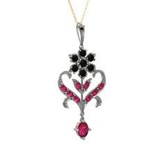 Siyah zirkon ve rodolit garnet 925 ayar gümüş kolye (40 cm gümüş rolo zincir)