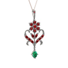 Garnet ve yeşil kuvars 14 ayar beyaz altın kolye (40 cm rose altın rolo zincir)