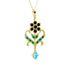 Ade Kraliyet Kolye - Siyah zirkon, yeşil kuvars ve akuamarin 14 ayar altın kolye (40 cm altın rolo zincir) #1ib13kp