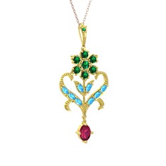 Yeşil kuvars, akuamarin ve rodolit garnet 8 ayar altın kolye (40 cm rose altın rolo zincir)