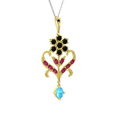 Siyah zirkon, rodolit garnet ve akuamarin 8 ayar altın kolye (40 cm gümüş rolo zincir)