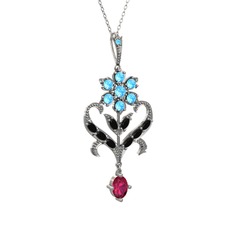 Akuamarin, siyah zirkon ve rodolit garnet 925 ayar gümüş kolye (40 cm gümüş rolo zincir)