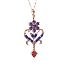 Ametist, lab safir ve garnet 925 ayar rose altın kaplama gümüş kolye (40 cm rose altın rolo zincir)