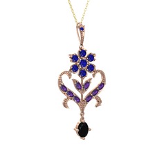 Lab safir, ametist ve siyah zirkon 925 ayar rose altın kaplama gümüş kolye (40 cm gümüş rolo zincir)